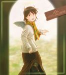  00s 1girl aaru_sentou_shuudan haibane_renmei halo looking_at_viewer rakka scarf skirt solo static_cling striped striped_scarf wings 