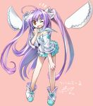  1girl ;d blue_skirt brown_eyes ein_(artist) ein_(long_cake) happy long_hair one_eye_closed open_mouth pink_background pleated_skirt purple_hair shoes skirt smile solo twintails two_side_up wings wink 