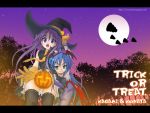  2girls :3 bat_print capcom character_name cosplay eunos fang halloween hat hiiragi_kagami izumi_konata jack-o&#039;-lantern lilith_aensland lilith_aensland_(cosplay) lucky_star moon multiple_girls night night_sky pantyhose print_legwear pumpkin sky thigh-highs trick_or_treat vampire_(game) watermark web_address witch_hat yuri 