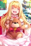  1girl bangs blonde_hair blunt_bangs box child christmas christmas_ornaments christmas_tree closed_eyes commentary_request dress eyebrows_visible_through_hair gift gift_box long_hair nicoby open_mouth original solo stuffed_animal stuffed_toy teddy_bear 