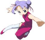  1girl blue_eyes china_dress chinese_clothes double_bun dress face fighting_stance foreshortening hands kanzaki_hiro open_mouth original purple_hair smile solo thigh-highs 