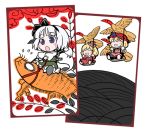  3girls aki_minoriko aki_shizuha bird blonde_hair female food fruit grapes grey_eyes grey_hair hair_ribbon hanafuda hat konpaku_youmu konpaku_youmu_(ghost) leaf leaf_on_head lowres multiple_girls object_on_head ribbon short_hair sword takahata_yuki touhou weapon yellow_eyes 