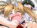  2girls breast_grab breasts grabbing multiple_girls narumi_suzune souma_miyu sweatdrop tears tsurupeta_(game) yuri yurihara_natsuki 