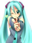  1girl aqua_hair finger_pointing foreshortening hatsune_miku long_hair one_eye_closed pointing solo twintails very_long_hair vocaloid 