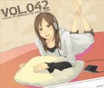  1girl barefoot digital_media_player headphones ipod looking_at_viewer lying on_stomach original pillow smile solo yoshito 