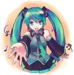  1girl aqua_hair bare_shoulders beamed_quavers detached_sleeves foreshortening hands hatsune_miku musical_note shati solo twintails vocaloid 