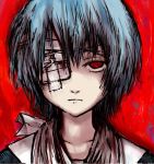  ayanami_rei bandage bandage_over_one_eye blue_hair gomennasai neon_genesis_evangelion pale_skin red_eyes short_hair somber 