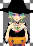  1girl blush candy chocolate choker cookie food frills fuyuichi green_hair halloween hat jack-o&#039;-lantern lollipop pink_eyes pointy_ears pumpkin solo witch_hat wrist_cuffs 