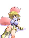  1girl :d bare_legs blue_eyes blush breasts creature gloves gunner-l huge_breasts looking_at_viewer on_head open_mouth ragnarok_online short_hair simple_background sitting slime smile solo white_background 