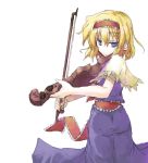 1girl alice_margatroid blonde_hair bow_(instrument) capelet female hairband instrument mochiki short_hair solo touhou violin 