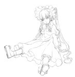  00s 1girl bonnet bow bowtie cozy dress flower frills full_body lineart long_sleeves looking_at_viewer monochrome rose rozen_maiden shinku shoe_soles simple_background solo white_background 