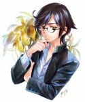  1boy black_hair glasses green_eyes male_focus original solo 