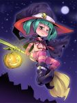  1girl broom broom_riding cape full_moon green_hair halloween hat moon night sidesaddle solo striped striped_legwear thigh-highs witch witch_hat 