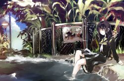  1girl arm_support brown_hair clouds fence mo nature school_uniform serafuku shunsei_(muratou) sign sitting solo text water 