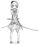  1girl female full_body katana konpaku_youmu monochrome mozan sketch skirt solo sword touhou weapon white_background 