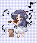  1girl barefoot chibi clannad closed_eyes dress hair_bobbles hair_ornament ichinose_kotomi instrument lowres solo stuffed_animal stuffed_toy teddy_bear two_side_up violin watsuki_ayamo 