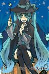  1girl aqua_hair halloween happy_halloween hat hatsune_miku long_hair solo thigh-highs twintails very_long_hair vocaloid wand witch_hat 