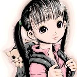  1girl backpack bag black_hair cat child fugetsu_taku lips looking_at_viewer lowres oekaki portrait randoseru twintails 