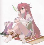  1girl blue_shorts boots feathers feet footwear fujimoto_hideaki full_body green_eyes leg_lift long_hair one_eye_closed pink_boots rebecca_streisand redhead rug shorts sitting socks taut_clothes very_long_hair white_background wild_arms wink 