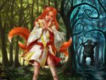 1boy 1girl animal_ears forest fox fox_ears fox_tail green_eyes grin lace lace-trimmed_thighhighs limfoman multiple_tails nature outdoors redhead smile sparkle standing tail thigh-highs tree 
