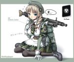  1girl apron backpack bag camouflage combat_maid german gloves gun hat machine_gun maid maid_apron mg42 nazi nomura_teruya pantyhose randoseru schutzstaffel skull solo ss translated uniform weapon world_war_ii 