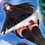  1girl black_hair blood bow brown_eyes from_below katsura_kotonoha long_hair red_bow saw school_days school_uniform serafuku skirt solo sword thigh-highs weapon yandere yaso_shigeru zettai_ryouiki 