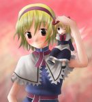  1girl alice_margatroid apron belt blonde_hair blue_dress blush brown_eyes capelet closed_mouth doll dress female frills kannazuki_hato looking_at_viewer on_shoulder petting shanghai_doll short_hair smile solo touhou upper_body waist_apron 