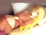  1girl absurdres bed blonde_hair breasts flat_chest highres light_rays long_hair looking_at_viewer lying messy_hair monogatari_(series) on_back one_eye_closed oshino_shinobu pajamas pillow red_pajamas sleepwear small_breasts solo sunbeam sunlight unstableboiler waking_up yellow_eyes 