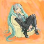  1girl aqua_hair hatsune_miku long_hair sitting solo thigh-highs twintails very_long_hair vocaloid 