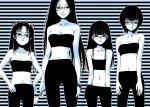  4girls bad_id bandeau black_legwear blue fugetsu_taku glasses hand_under_clothes hands_in_pants lineup long_hair midriff monochrome multiple_girls original pantyhose short_hair strapless tubetop 