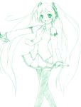  1girl green hatsune_miku long_hair monochrome sketch solo thigh-highs twintails very_long_hair vocaloid 