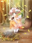  1girl absurdres animal_ears apron blush brown_hair green_eyes highres leaf louis louis&amp;visee min_(tail_tale) nature raccoon_ears raccoon_tail rake sandals short_hair socks solo squirrel tail tail_tale tanuki 