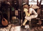  00s 1girl abe_yoshitoshi angel angel_wings concertina haibane_renmei halo highres instrument kettle lute_(instrument) rakka school_uniform serafuku solo wings 