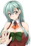  1girl bare_shoulders blush breast_grab breasts christmas_tree_hair_ornament cleavage commentary grabbing green_eyes green_hair guided_breast_grab kantai_collection large_breasts long_hair looking_at_viewer mikagami_sou pov ribbon santa_costume sleeves_past_wrists smile solo_focus suzuya_(kantai_collection) sweatdrop 
