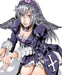  00s 1girl breasts cleavage dress flower frilled_sleeves frills gothic_lolita hairband lips lolita_fashion long_hair puffy_sleeves rose rozen_maiden silver_hair skirt solo suigintou violet_eyes wings 