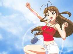  1girl :d ahoge akamatsu_ken antenna_hair bracelet breasts brown_eyes brown_hair happy jewelry love_hina midriff nail_polish narusegawa_naru navel open_mouth pink_nails smile solo uno_makoto 