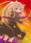  1girl air black_legwear blonde_hair dutch_angle from_behind kamio_misuzu kayune_niu kneehighs long_hair long_sleeves looking_at_viewer orange_sky red_scarf scarf sky solo standing sunset very_long_hair violet_eyes 