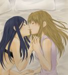  00s 2girls bed blonde_hair blue_hair bra closed_eyes couple from_side fujino_shizuru hand_holding highres interlocked_fingers kiss kuga_natsuki lingerie lying mico3 multiple_girls my-hime underwear yuri 