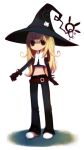  belt blonde_hair brown_eyes elbow_gloves gloves hat long_hair midriff puti_devil shadow shoes witch witch_hat 