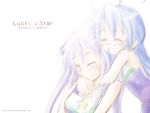  2girls :d ^_^ ^o^ angry bare_shoulders blush camisole clenched_teeth closed_eyes eunos highres hiiragi_kagami hug hug_from_behind izumi_konata lucky_star multiple_girls open_mouth simple_background smile spaghetti_strap teeth upper_body white_background yuri 