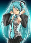  1girl aqua_hair closed_eyes detached_sleeves hands_on_headphones hatsune_miku headphones long_hair necktie solo sugiyama_shinnosuke twintails very_long_hair vocaloid 