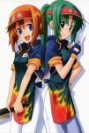  2girls anime_tenchou apron billhook gloves green_hair hatchet highres higurashi_no_naku_koro_ni multiple_girls rato ryuuguu_rena sonozaki_mion syringe visor visor_cap 