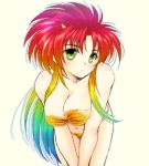  1girl breasts cleavage green_eyes horns leaning_forward lowres multicolored_hair oekaki original rainbow_hair solo tiger_print urusei_yatsura yagisaka_seto 