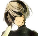  1girl alternate_hair_color black_gloves black_hairband blindfold blonde_hair closed_mouth facing_viewer gloves hairband hand_on_own_head head_tilt highres mole mole_under_mouth nier_(series) nier_automata portrait roos-vicee short_hair solo yorha_unit_no._2_type_b 