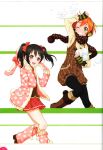  2girls absurdres black_hair boots earmuffs fur_trim green_eyes highres holding hoshizora_rin knee_boots looking_at_viewer love_live! love_live!_school_idol_festival love_live!_school_idol_project multiple_girls one_eye_closed open_mouth orange_hair polka_dot red_eyes scan scarf short_hair simple_background skirt smile snowball twintails winter_clothes yazawa_nico 