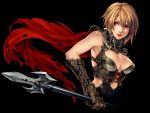  1girl armor armpits bangs blonde_hair breasts brown_hair cape cleavage cleavage_cutout corset elbow_gloves fantasy fighting_stance gloves hair_between_eyes large_breasts lips lipstick looking_away magic_lancer_(red_stone) makeup midriff official_art open_mouth polearm red_eyes red_stone short_hair simple_background solo spear torn_cape torn_clothes turtleneck upper_body weapon yuki_hayabusa 