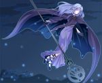  1girl blue_eyes blue_hair cape caster dress fate/stay_night fate_(series) flying high_heels long_dress night pointy_ears purple_hair shoes solo sparkle staff 