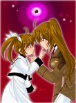  1girl brown_hair dual_persona lyrical_nanoha mahou_shoujo_lyrical_nanoha mahou_shoujo_lyrical_nanoha_strikers military military_uniform pantyhose ponytail raising_heart school_uniform serafuku side_ponytail solo takamachi_nanoha time_paradox twintails uniform 