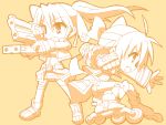  2girls 9law cross_mirage gun inline_skates lyrical_nanoha mach_caliber mahou_shoujo_lyrical_nanoha mahou_shoujo_lyrical_nanoha_strikers monochrome multiple_girls oekaki revolver_knuckle roller_skates skates subaru_nakajima teana_lanster thigh-highs weapon yellow 