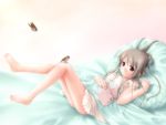  1girl bed bed_sheet bird book brown_hair cover cover_page lingerie lying nightgown original pillow reading shouna_mitsuishi solo sparrow strap_slip underwear wallpaper 